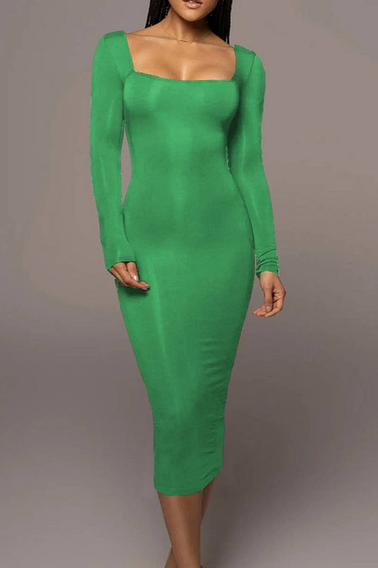 CWDMD4902_SOLID COLOR SLIM SQUARE NECK LONG SLEEVE DRESS