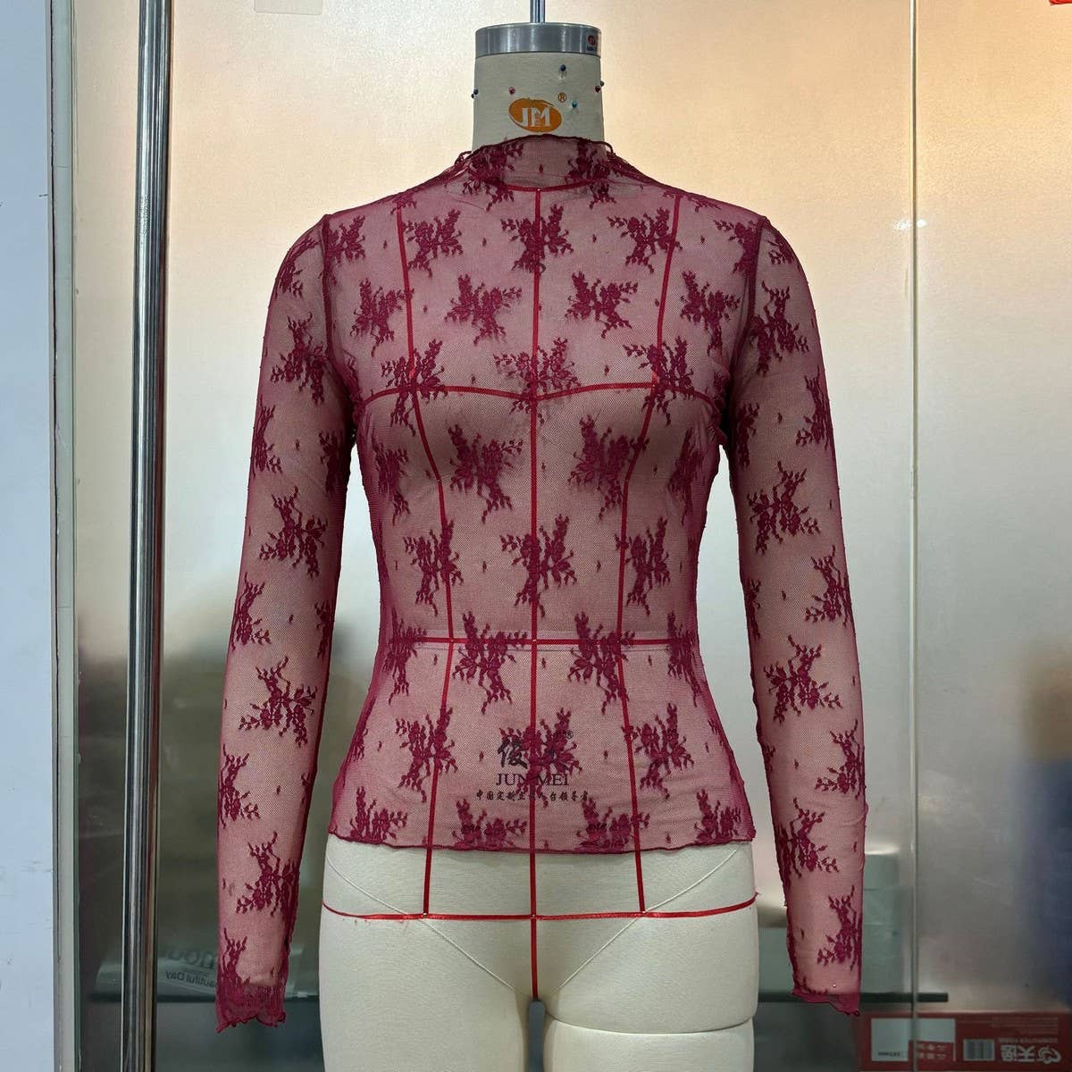 SEMI SHEER MESH LACE TOP BOTTOMING SHIRT