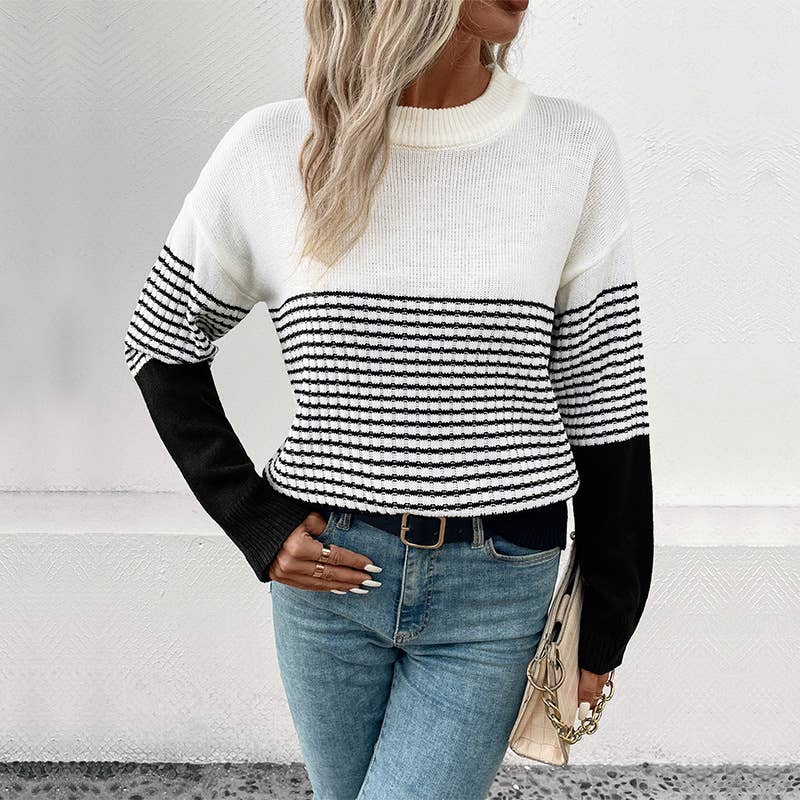 LONG SLEEVE CREW NECK SWEATER IN STRIPED COLOR