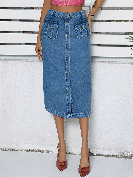 Mid-length button-down denim body-hugging skirt
