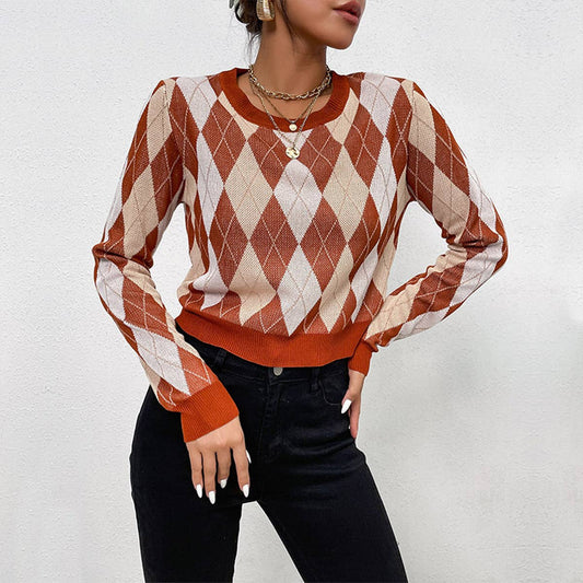 Vintage long sleeve short diamond check sweater