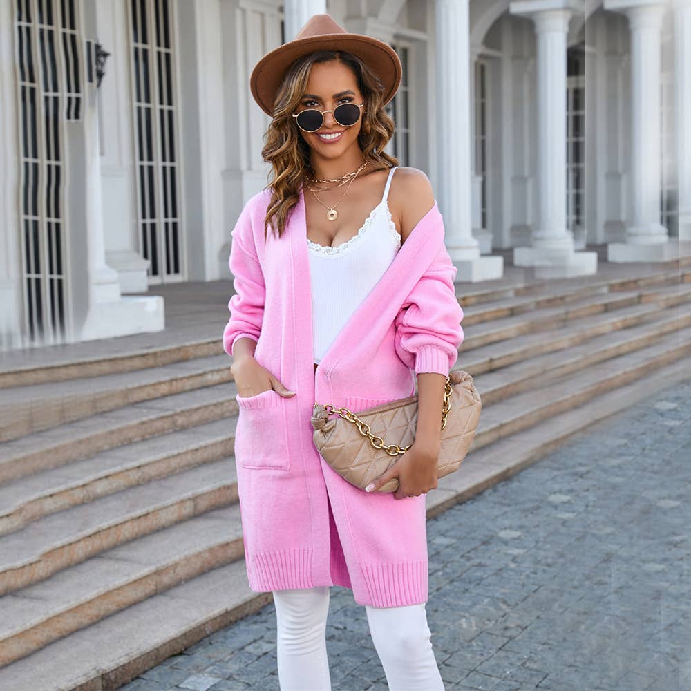 KNIT SOLID POCKET LONG FASHION SWEATER JACKET