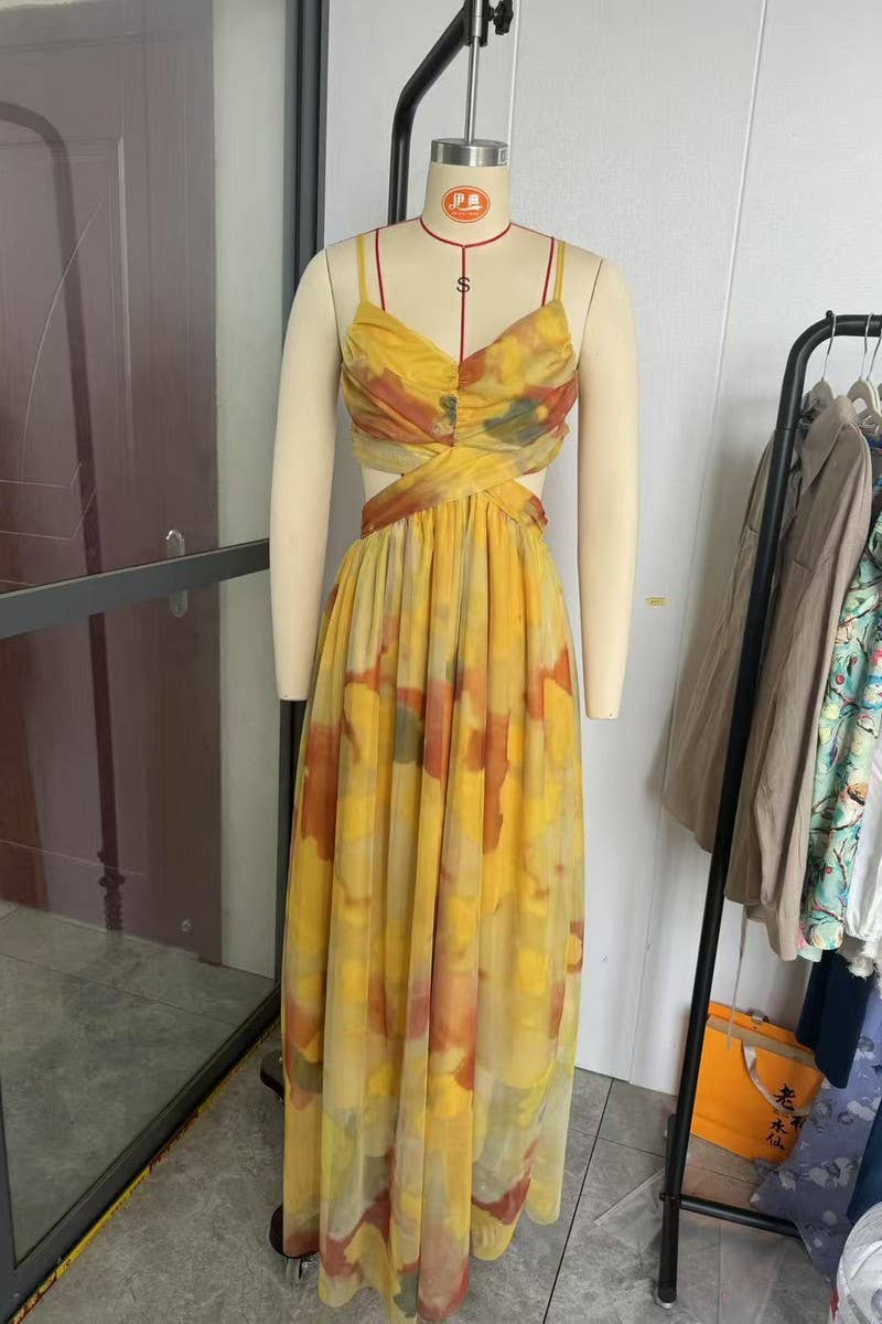 CWDMD01003_MESH PRINTED SUSPENDER CASUAL PARTY DRESS