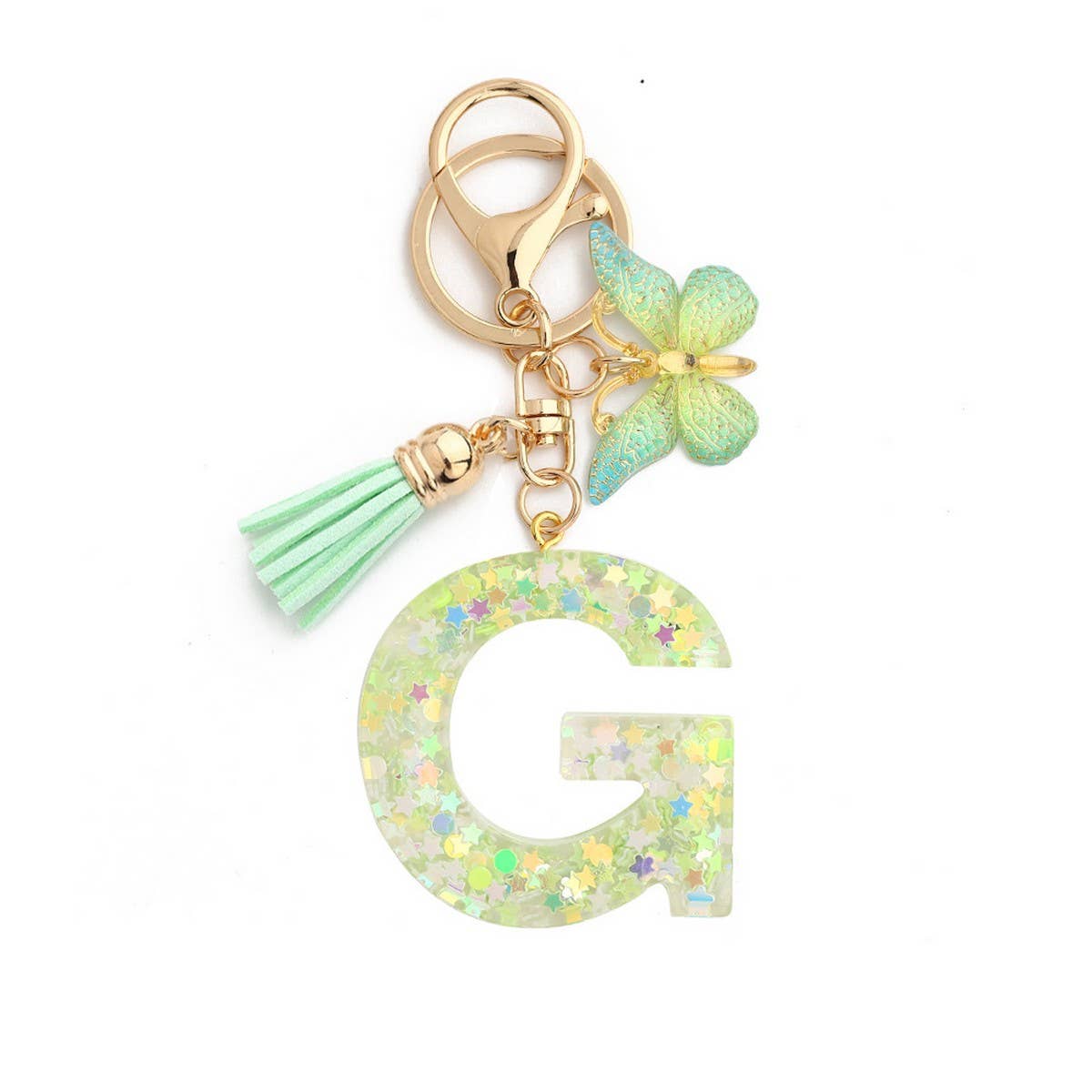 Green Butterfly Resin Letter Keychain with Glitter_CWAB5079