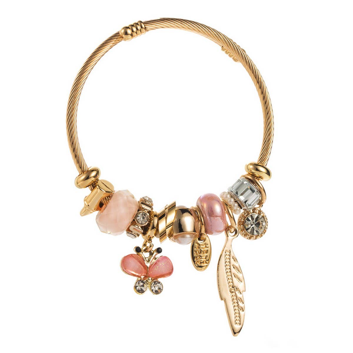 Beaded Steel Bracelet with Leaf & Butterfly_CWMM8618