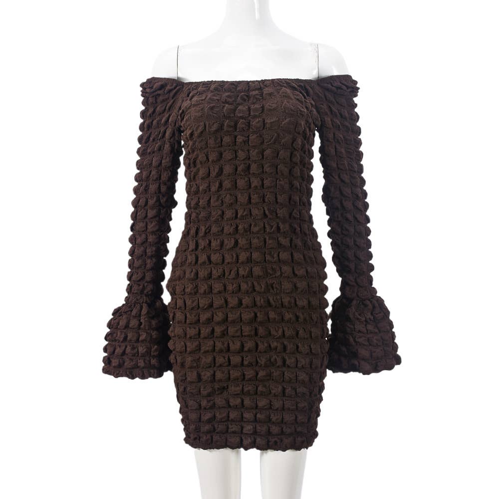 Square-neck one-shoulder flared sleeve dress