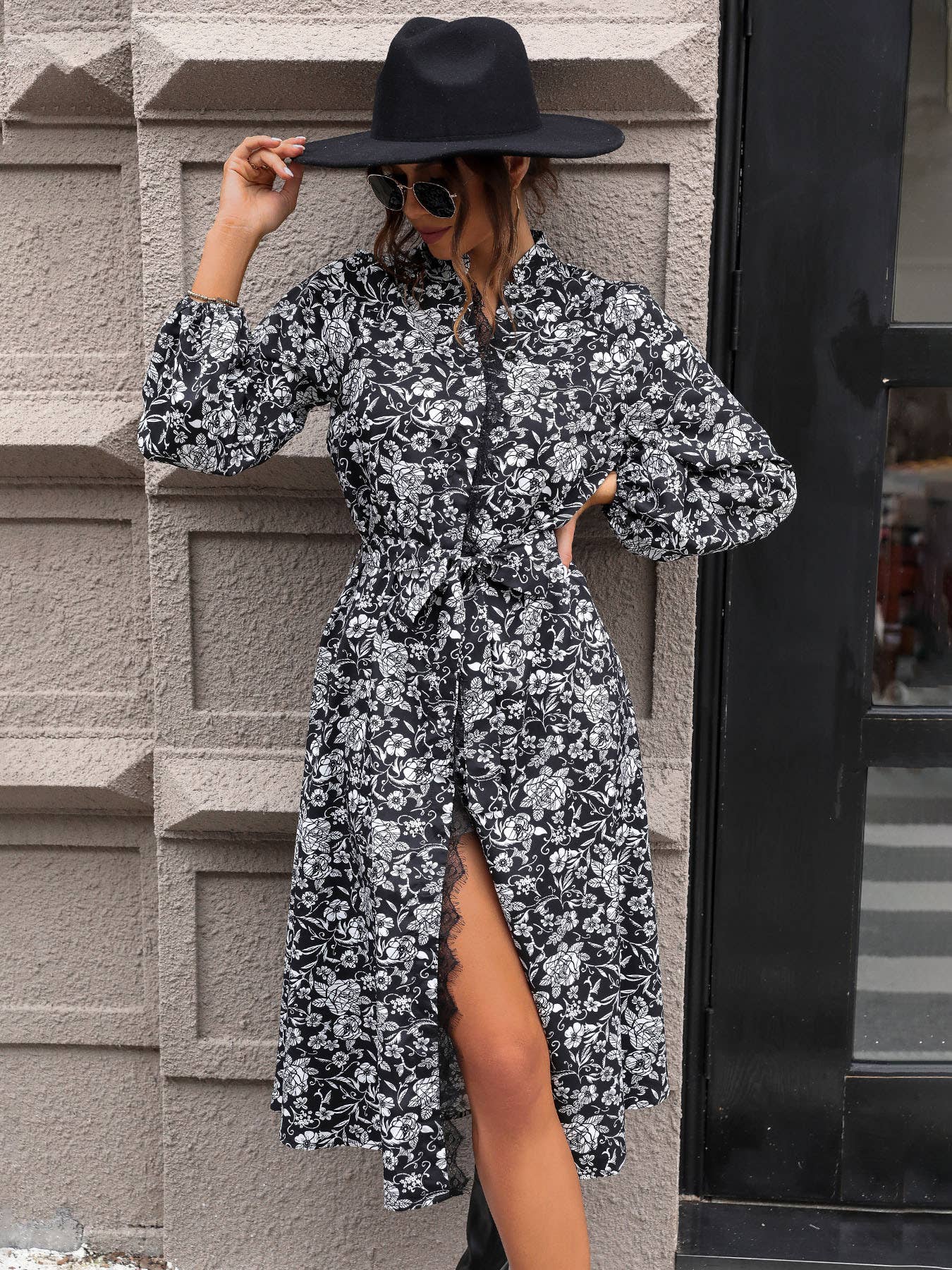 LONG-SLEEVED PRINTED STAND COLLAR DRESS