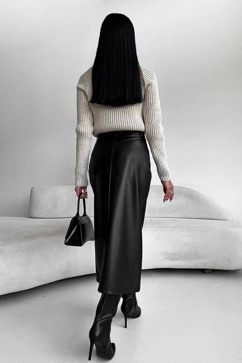 CWBMS0250_VINTAGE PLUS VELVET PU LEATHER SLIT SKIRT