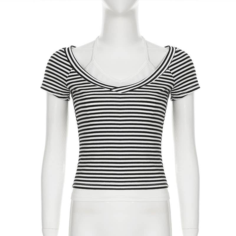 Striped color patchwork V-neck fake two T-shirts