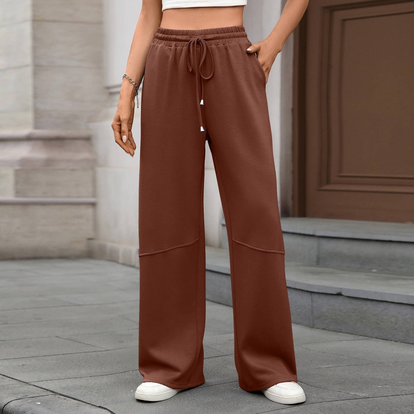 Stretch waist drawstring pocket wide leg pants