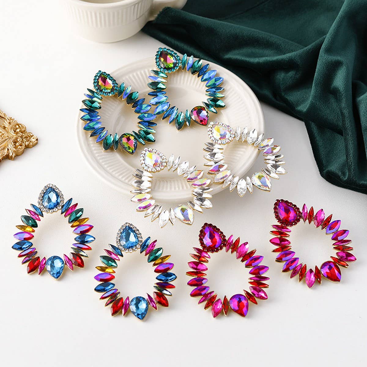 COLORFUL CRYSTAL GEOMETRIC DROP STUD EARRINGS