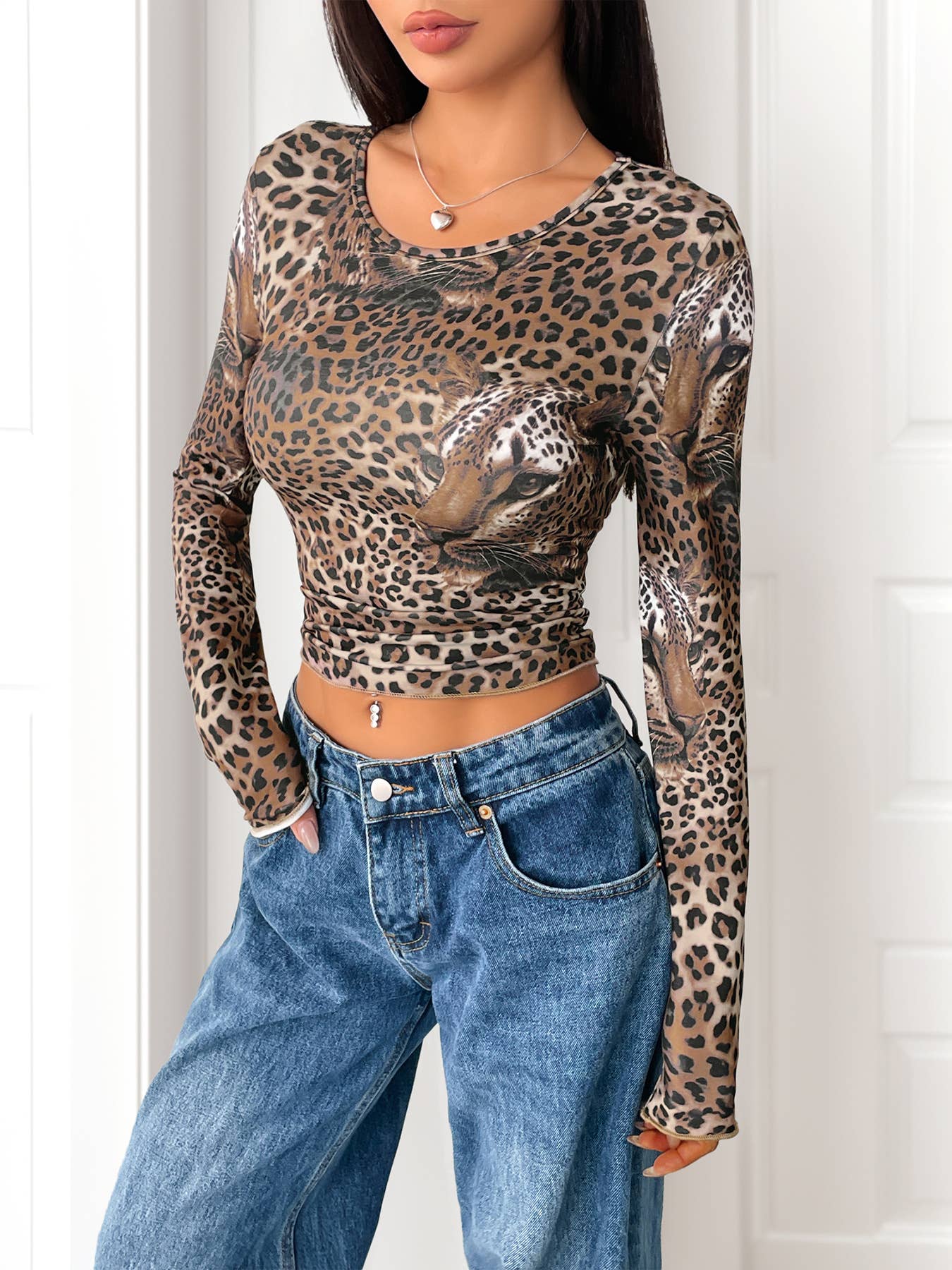 Leopard print slim round-neck long-sleeved Top
