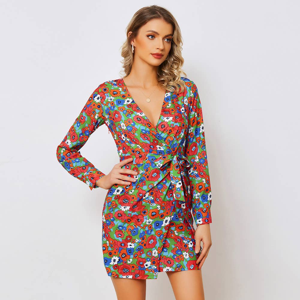 V-NECK LONG SLEEVE DRESS BOHO DRESS