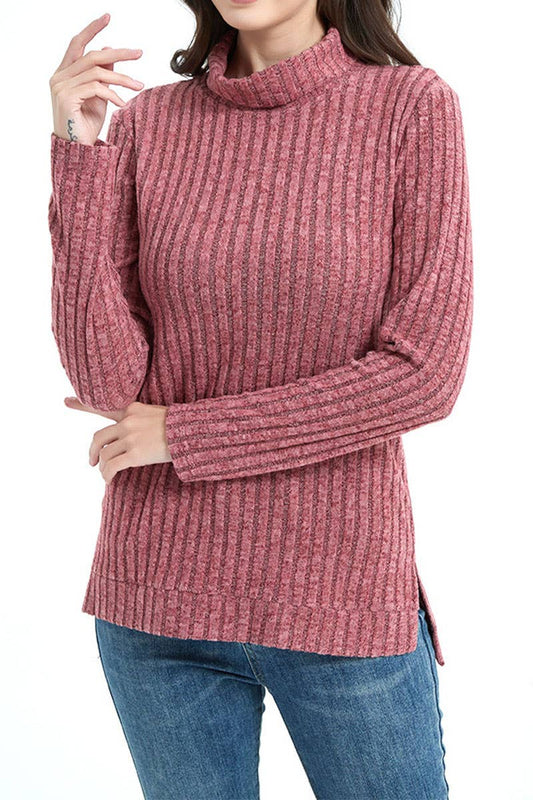 Stylish pit striped turtleneck solid color knitwear
