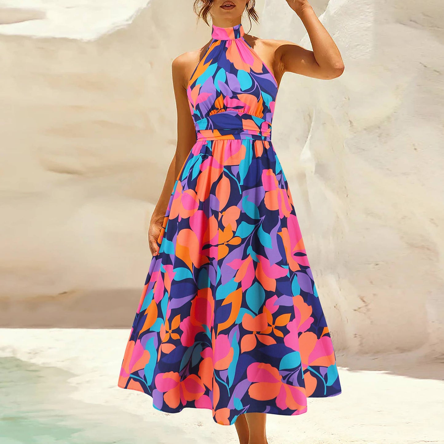 Sleeveless Halter Neck Printed Midi Dress