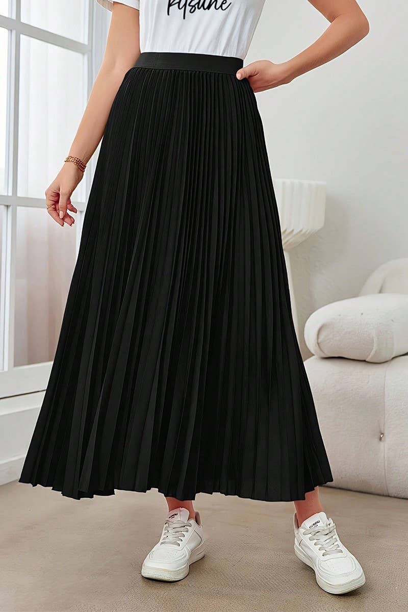 CWBLS0513_PLEATED FLARED A-LINE POLYESTER MIDI SKIRT
