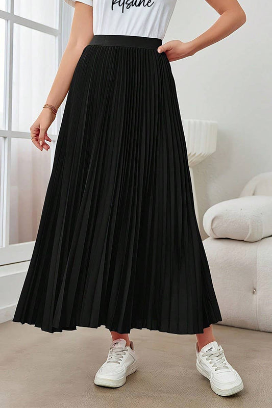 CWBLS0513_PLEATED FLARED A-LINE POLYESTER MIDI SKIRT