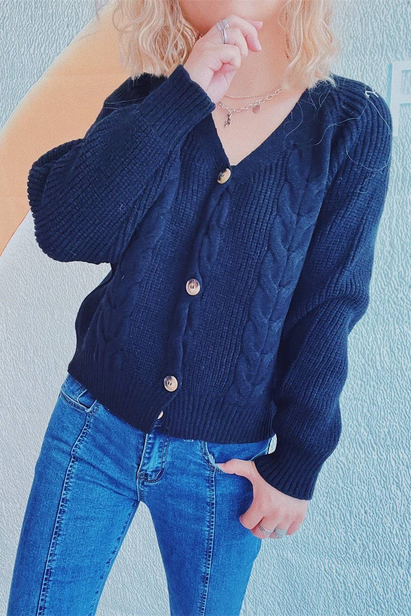 V-neck thick needle hemp flower short cardigan