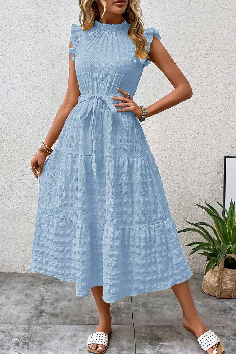 CWDMD2747_SUMMER WOODEN EAR EDGE LACE-UP DRESS LONG