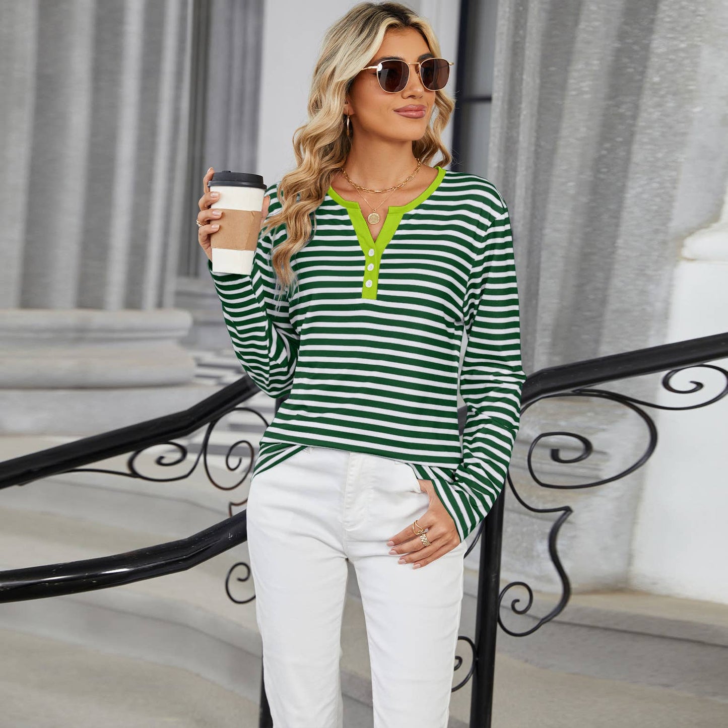 V-NECK LONG SLEEVE T-SHIRT WITH COLOR STRIPES