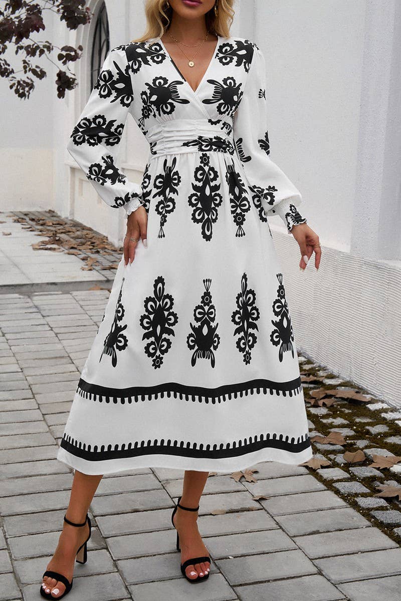 CWDMD4866_V-NECK ELEGANT CONTRAST COLOR LONG SLEEVE DRESS