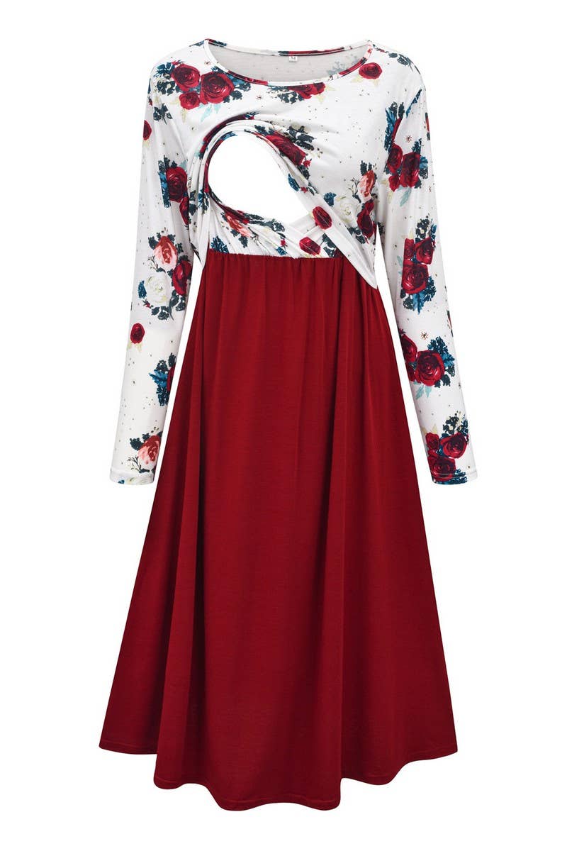 CWDMD3607_PRINTED PATCHWORK MULTIFUNCTIONAL NURSING DRESS