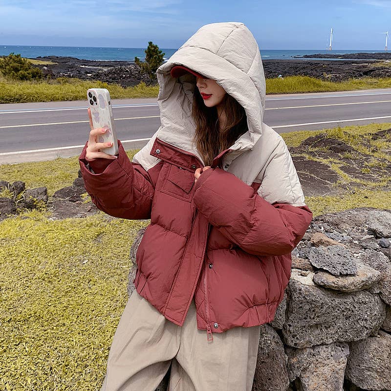 Short hooded,color-blocking,thick loose jacket