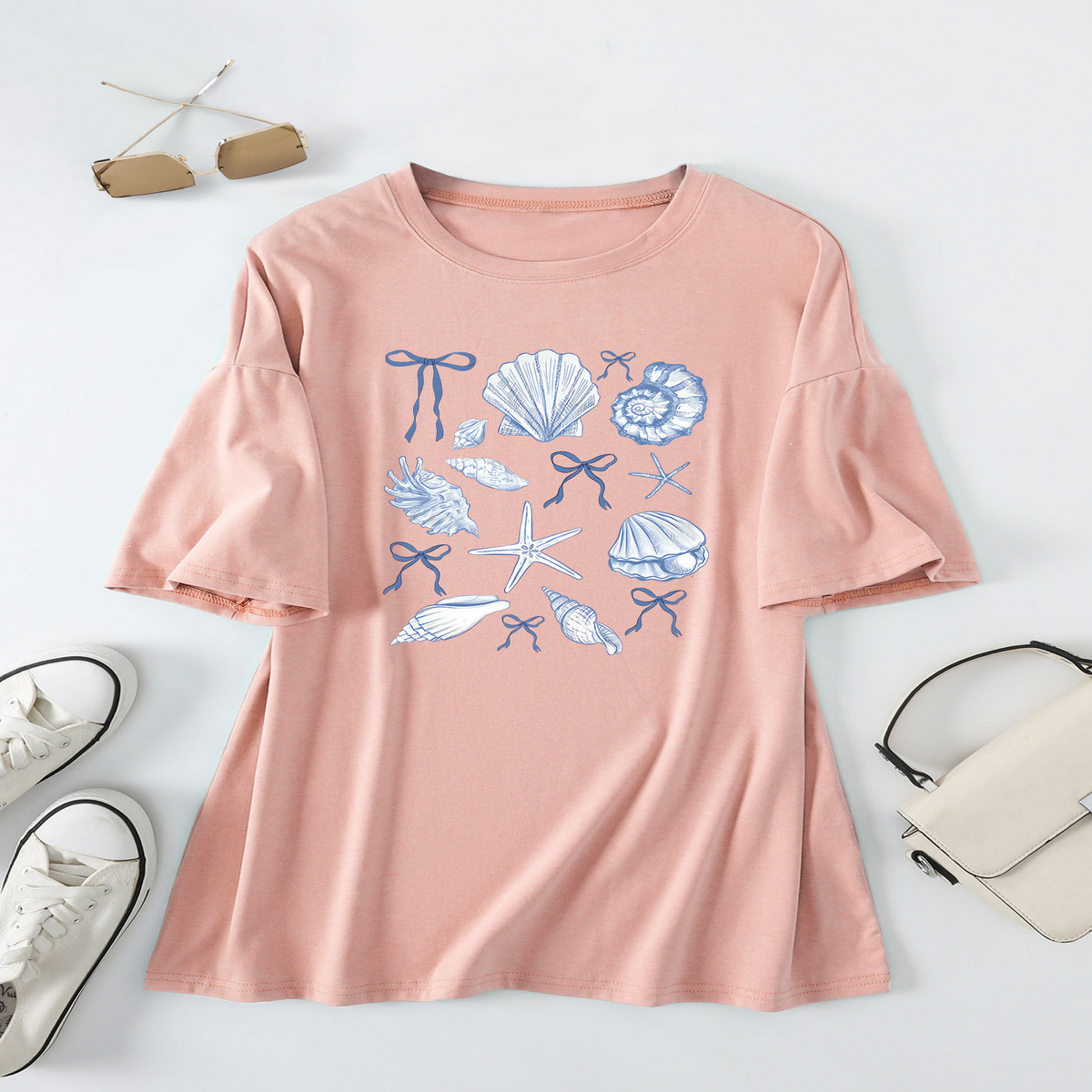Cute Bow Print T-Shirt for Women, Shell Neckline