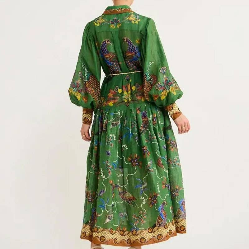 LANTERN SLEEVE PRINTED LAPEL LONG-SLEEVED DRESS