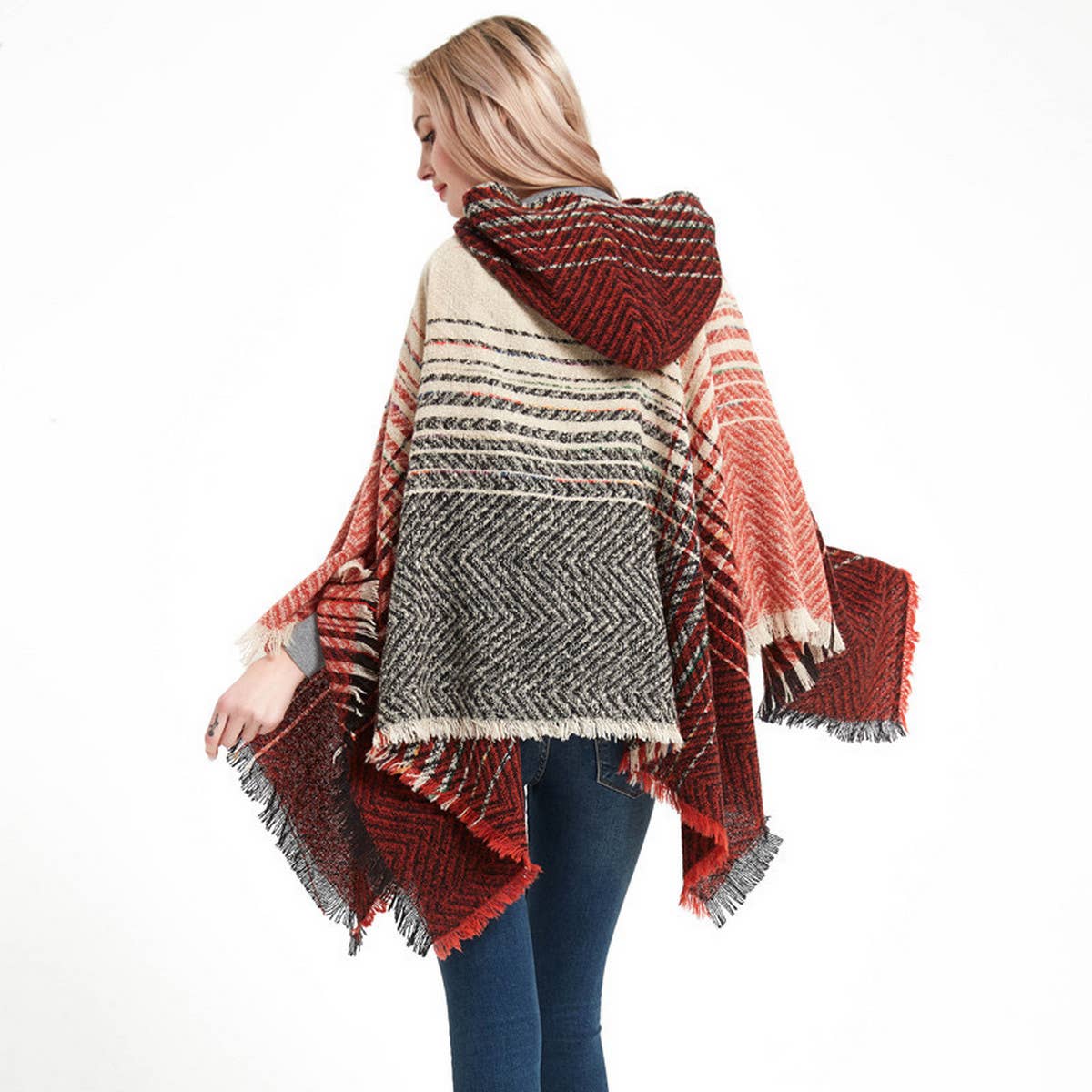 NEW HERRINGBONE GRADIENT HOODED CAPE SHAWL