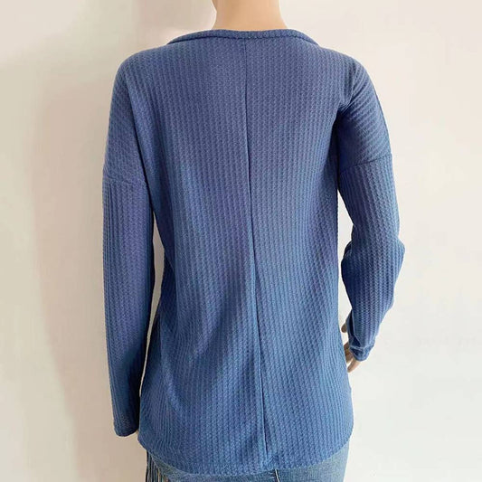 V-neck knitted long-sleeved blouse