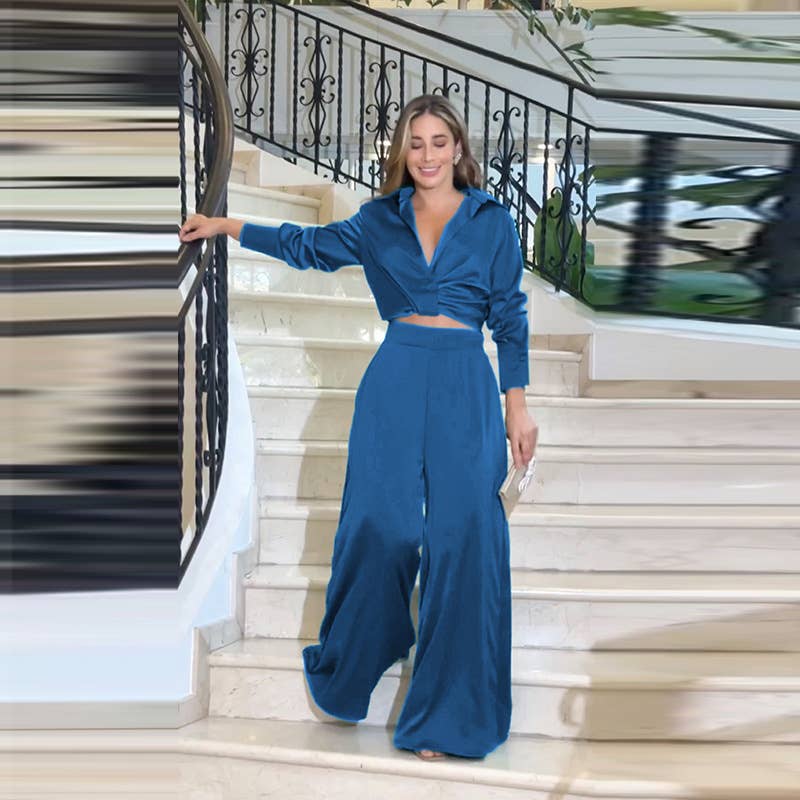 SEXY PLEATED LONG SLEEVE WIDE LEG PANTS SUIT