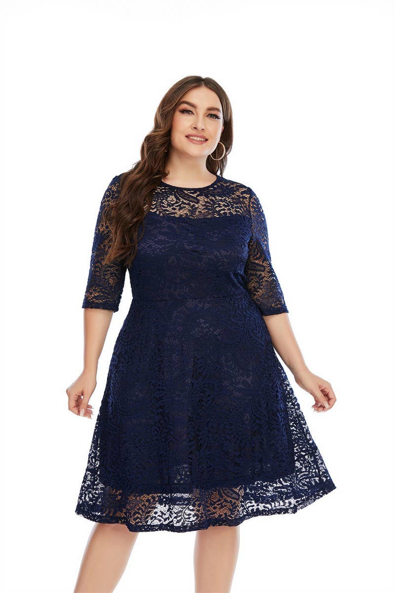 CWDSD5552_PLUS SIZE ROUND NECK LACE MIDI DRESS