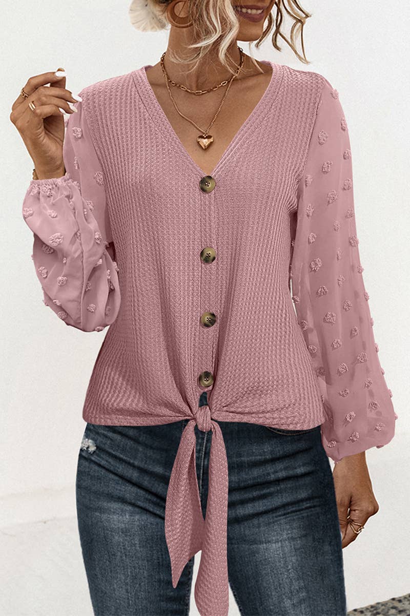 V-NECK KNOTTED JACQUARD PATCHWORK SLEEVE SWEATER