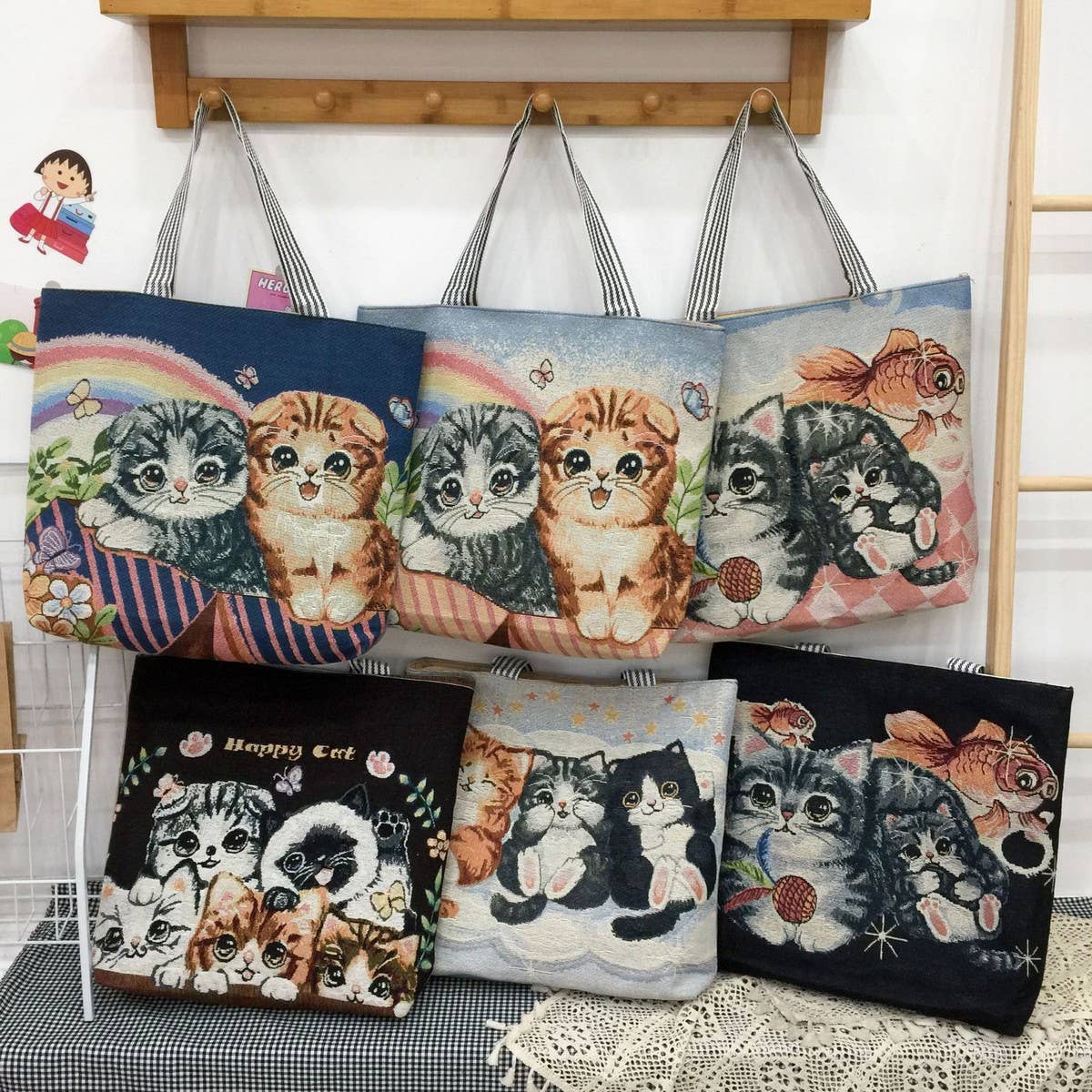 CUTE CAT EMBROIDERED CANVAS SHOULDER BAG TOTE BAG_CWAB1676
