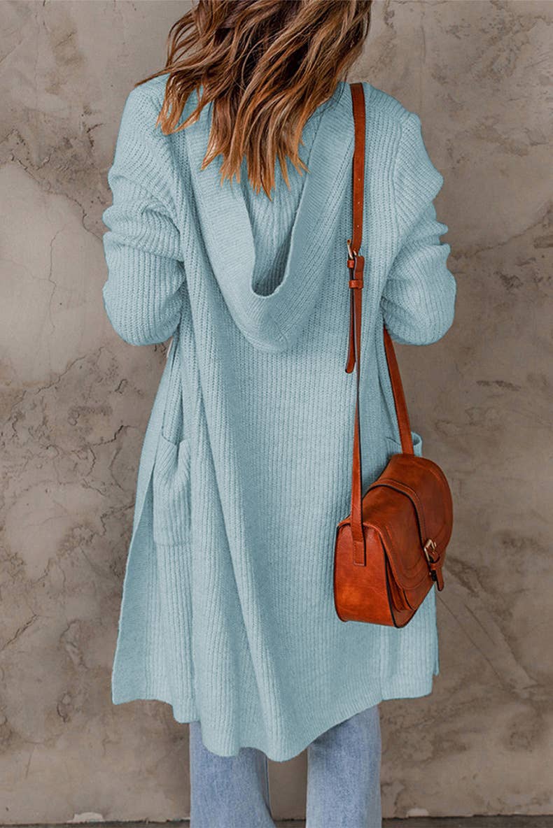 Solid-color hooded long knitted coat