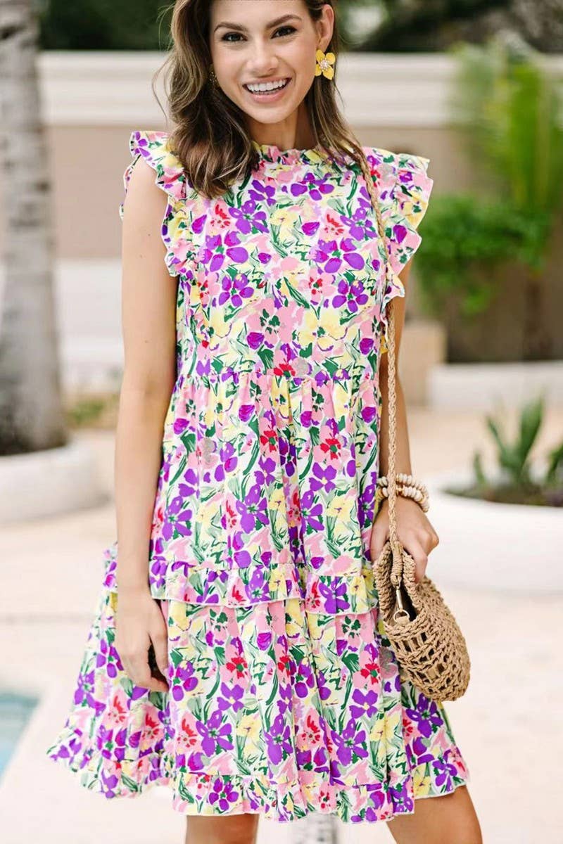 CWDSD6591_PRINTED FUNGUS COLLAR RUFFLE CAKE DRESS