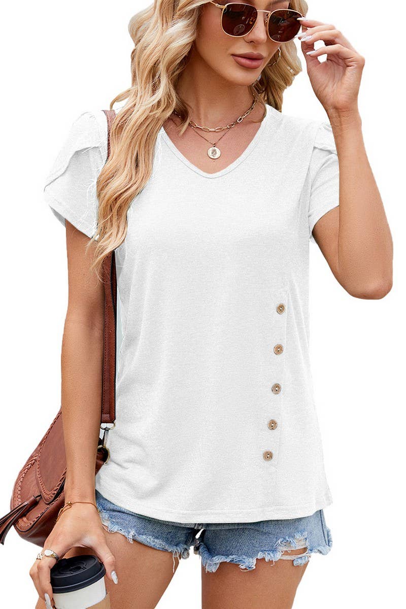 V NECK BUTTON PETALS SLEEVE SHORT SLEEVE SHIRT_CWTSTS0150