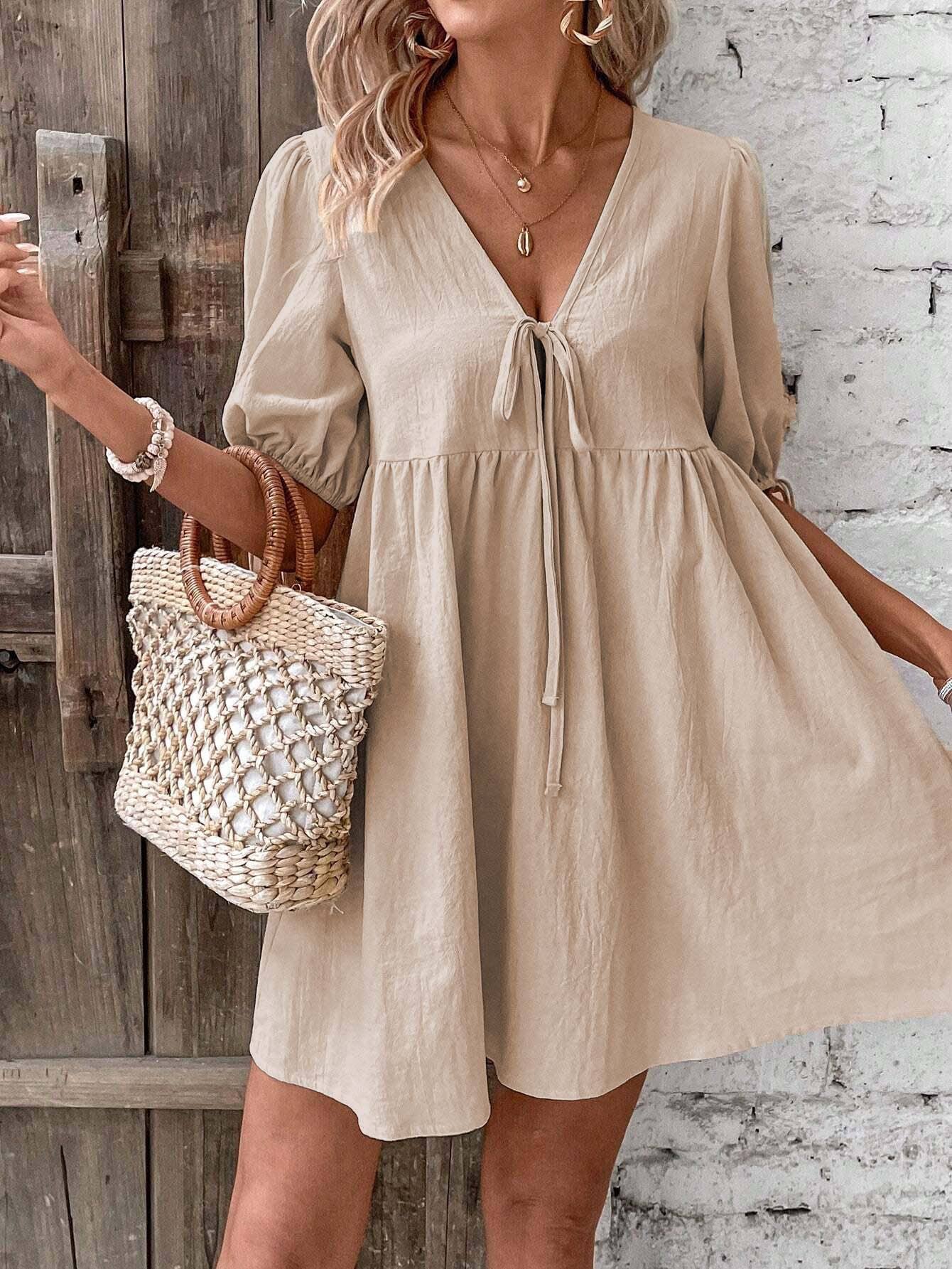 LOOSE WOVEN DEEP V-NECK LACE-UP DRESS