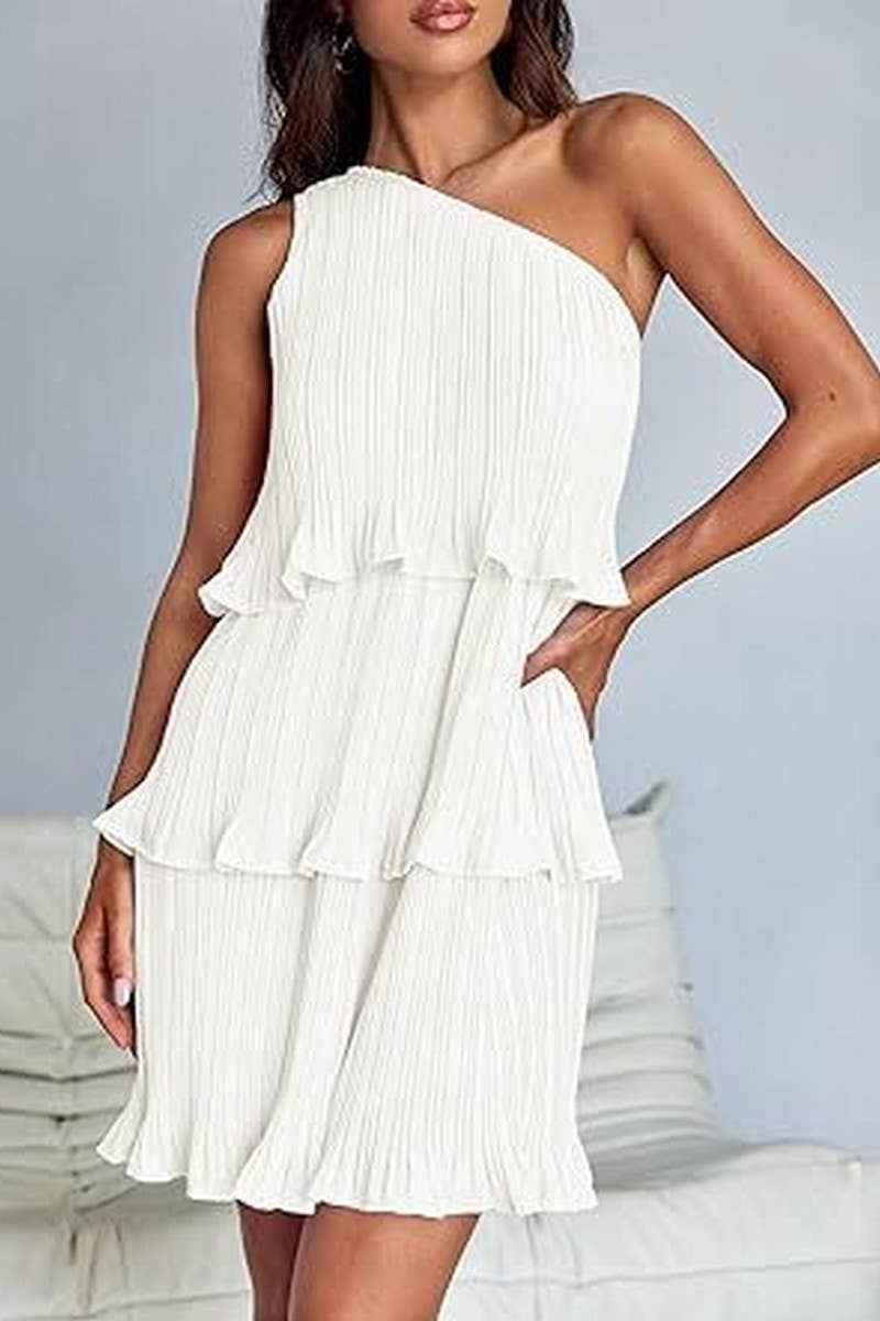 CWDSD8779_OFF-SHOULDER LAYERED HEM PLEATED SLEEVELESS DRESS