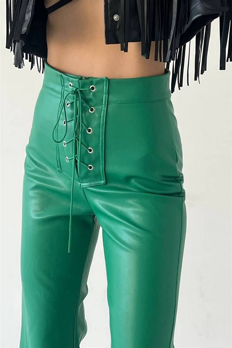 WOMEN STRAP TIED HIGH WAIST BOOT CUT LONG PANTS_CWBLP0346