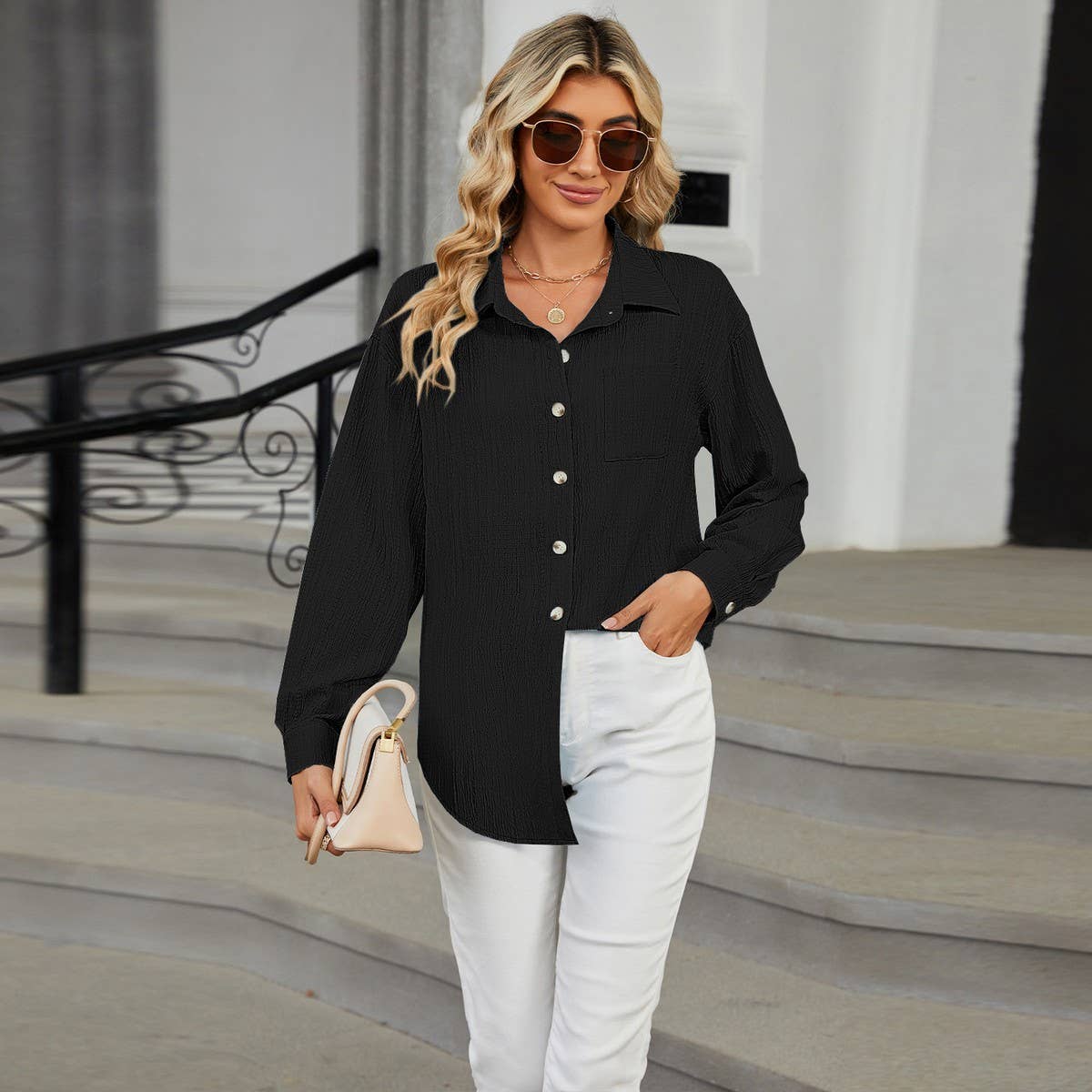 Long sleeve lapel button solid color shirt