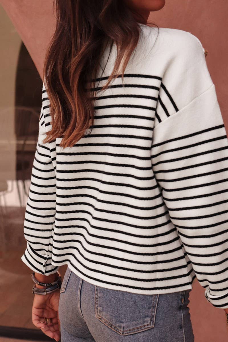 CWOSWL07451_STRIPE SHOULDER BUTTON CUTOUT KNIT SWEATER