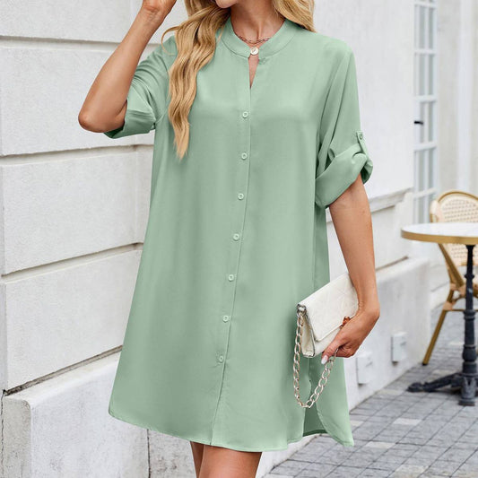 Solid color mid-sleeve button-down shirt dress