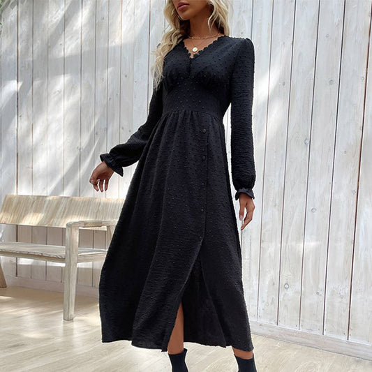 LONG-SLEEVED BLACK POLKA DOT JACQUARD SLIT DRESS