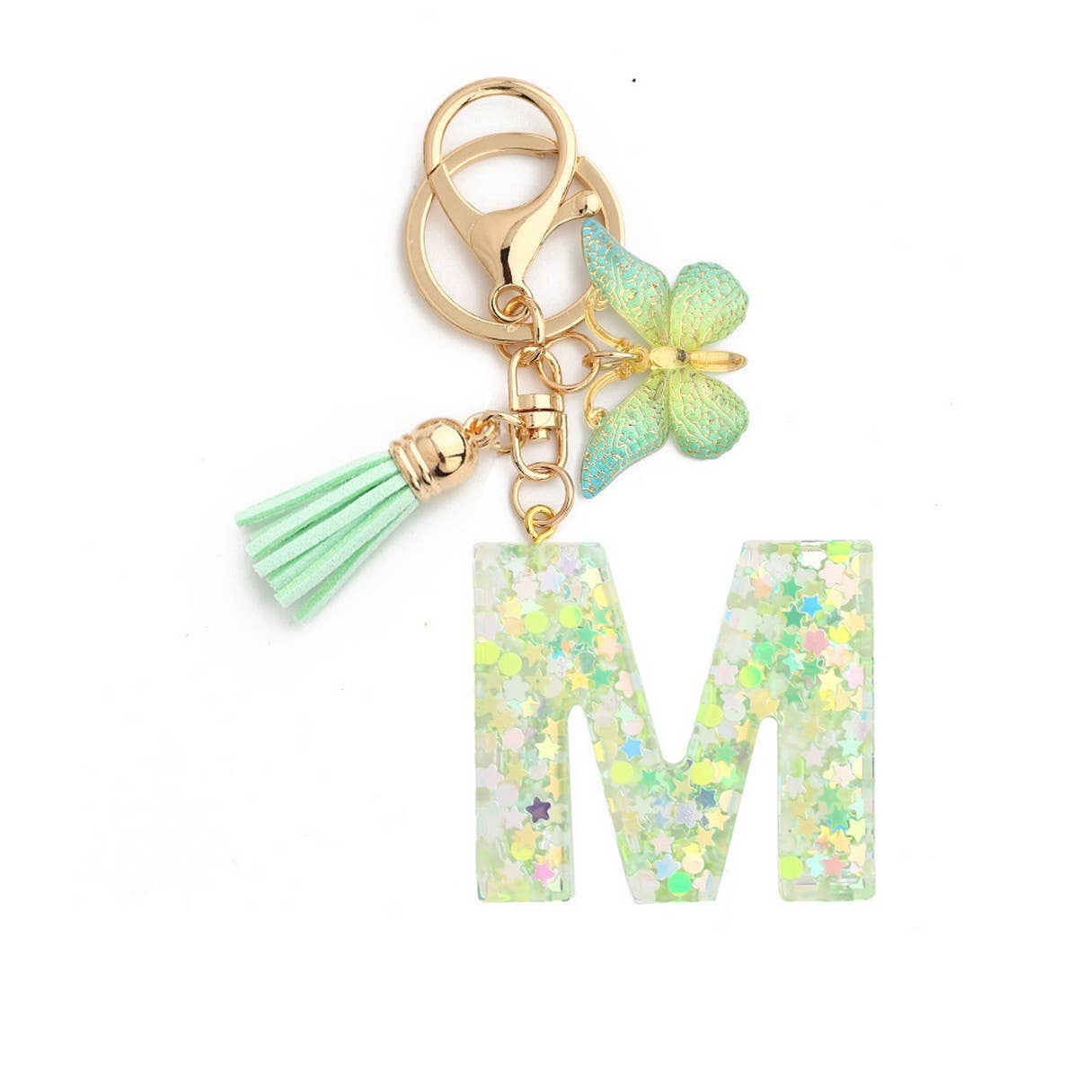 Green Butterfly Resin Letter Keychain with Glitter_CWAB5079