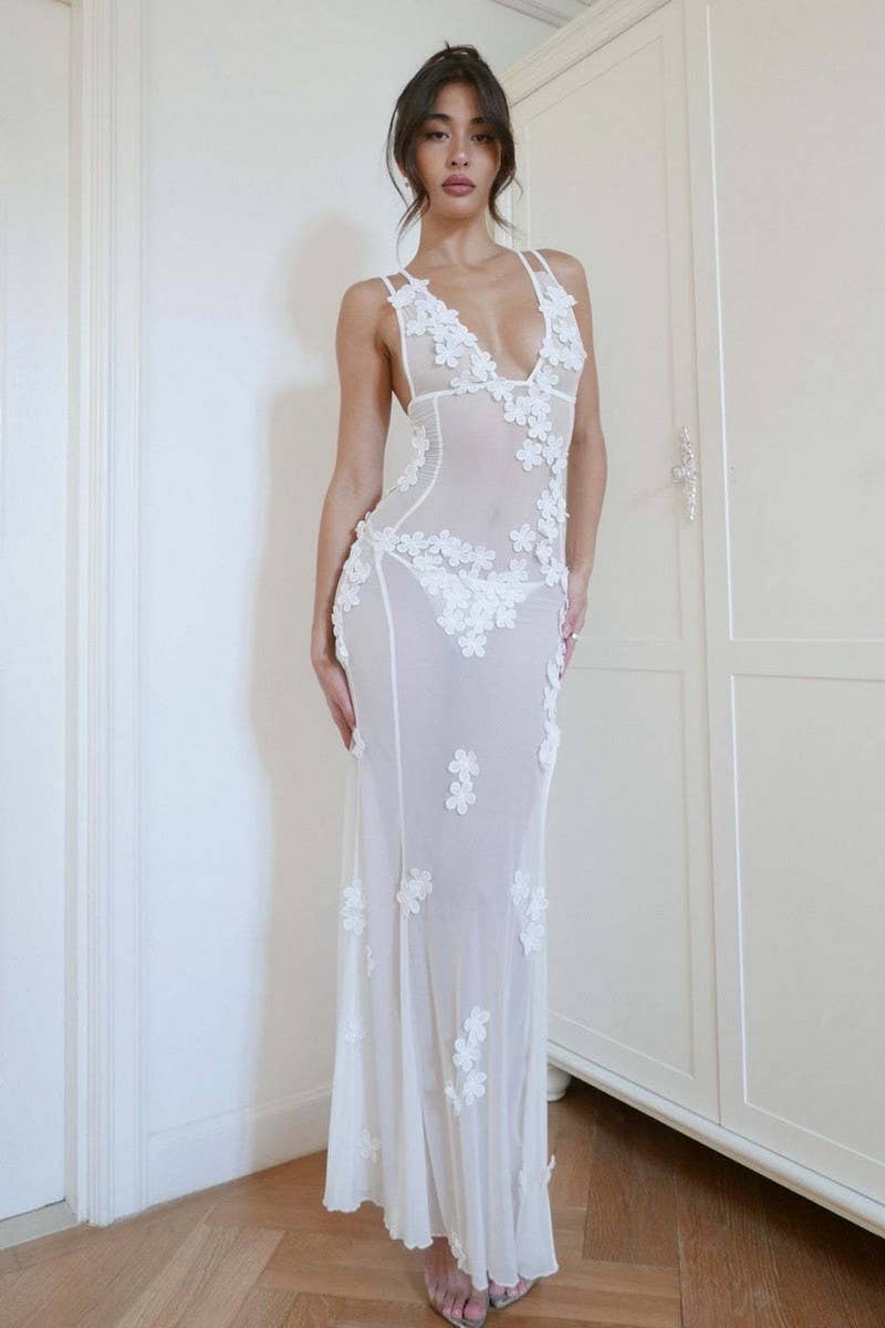 CWDMD5634_SEXY DEEP V BACKLESS MESH DRESS WITH 3D FLOWERS