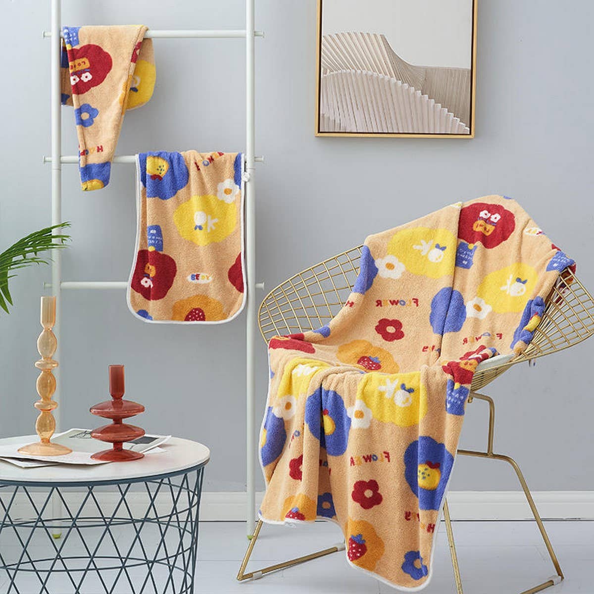 CORAL FLEECE PRINTED SHOWER CAP TOWEL BATH TOWEL