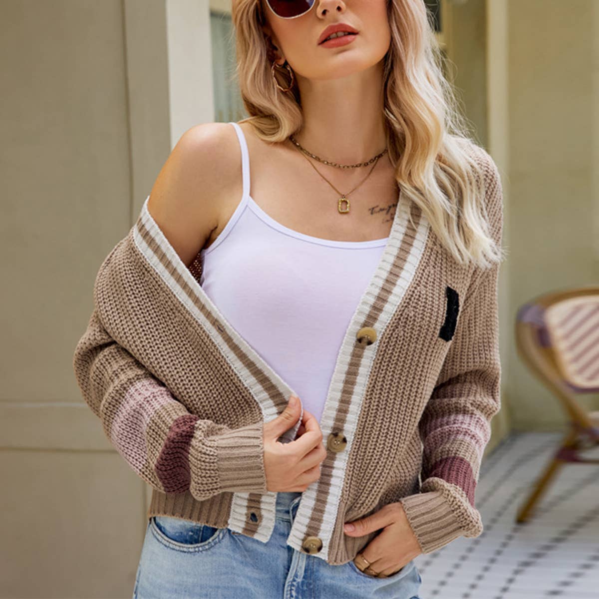 V-NECK LOOSE SWEATER JACKET PREPPY KNIT SWEATER
