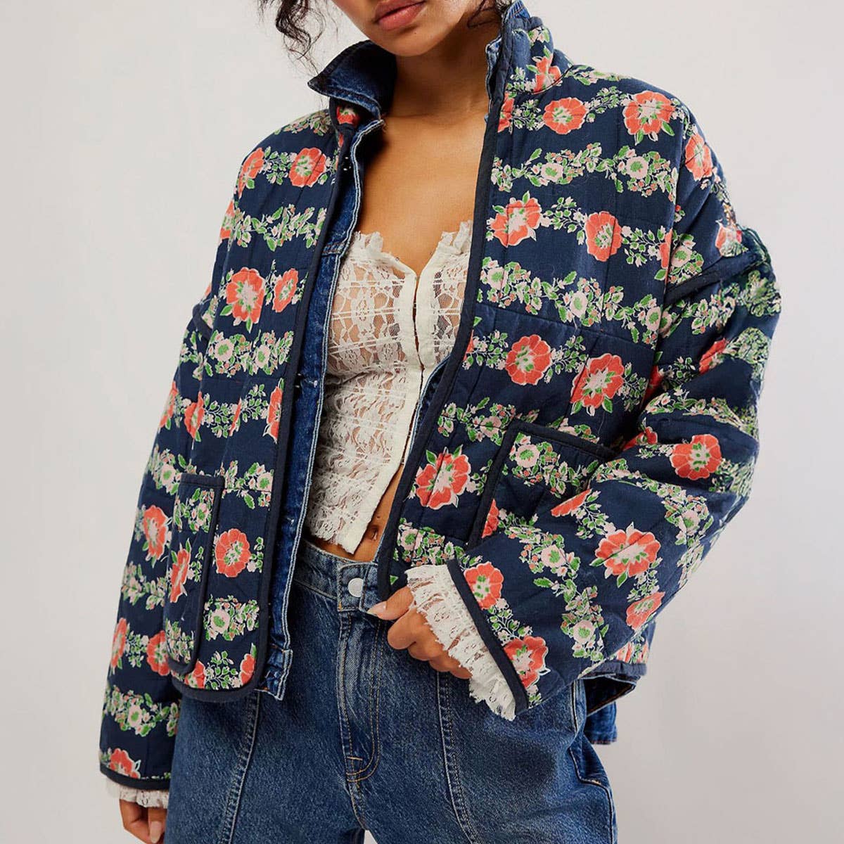 COLOUR-BLOCK FLORAL PRINT QUILTED JACKETS